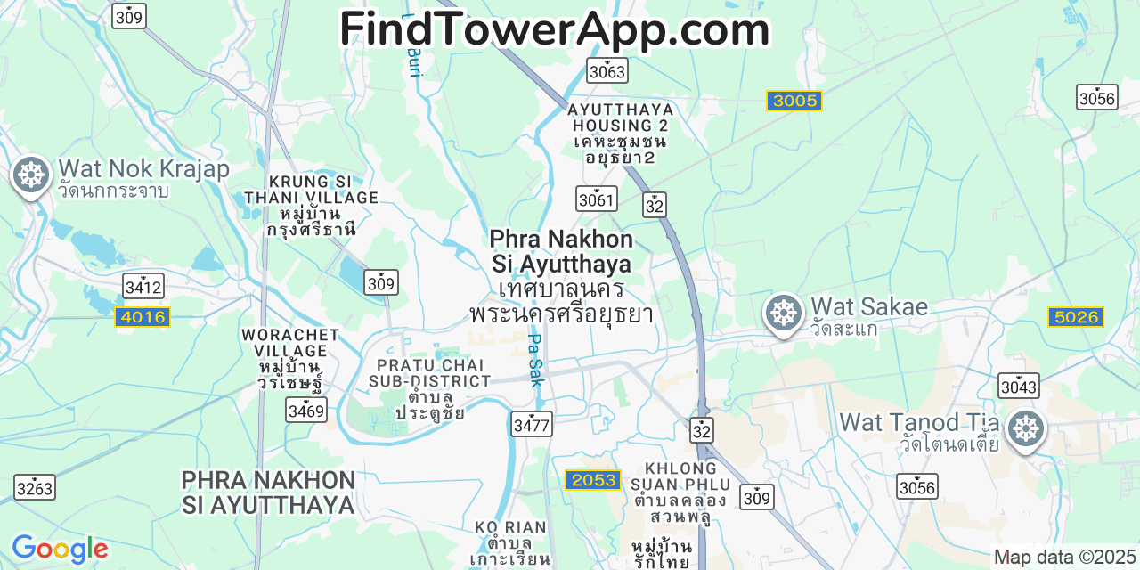 Map showing the 0 primary True cell tower locations detected in Ayutthaya, Thailand with coverage radius and signal strength indicators