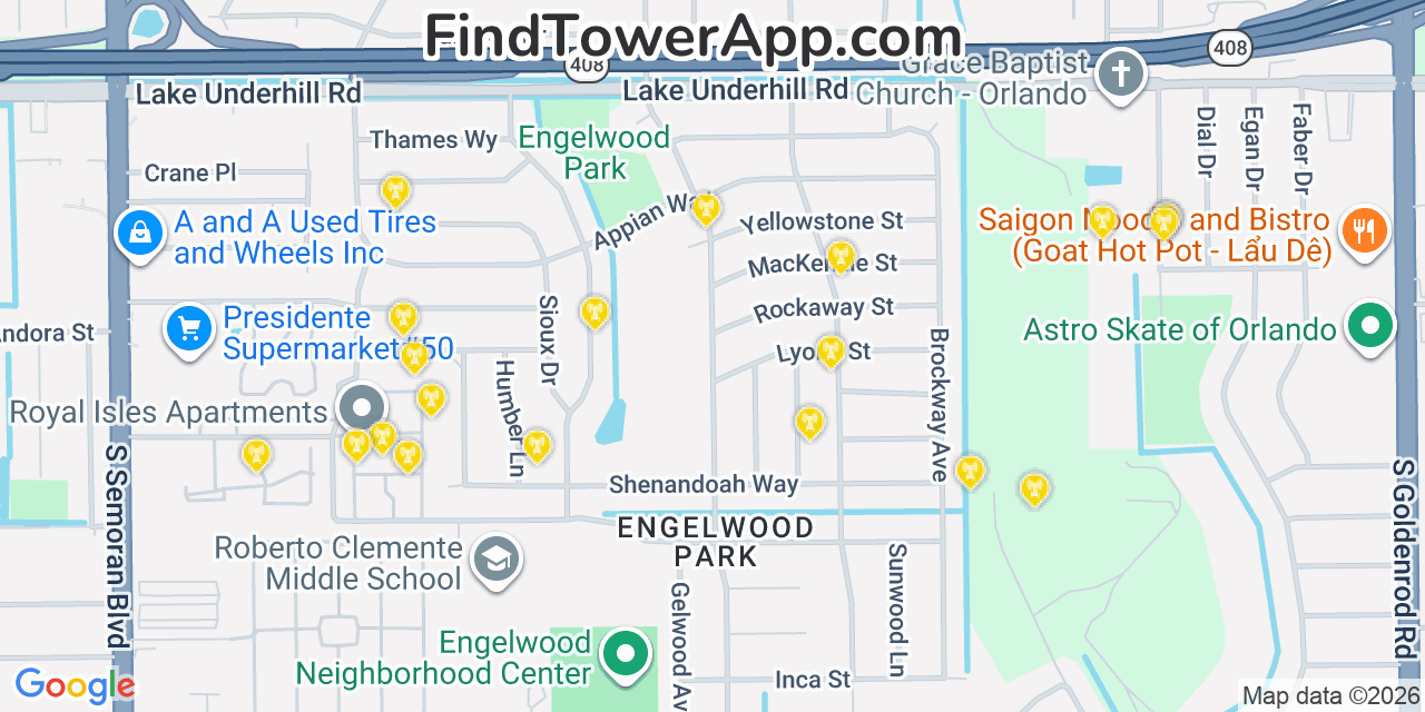 Map showing the 20 primary cell tower locations detected in Azalea Park, Florida from AT&T, Verizon, and T-Mobile networks