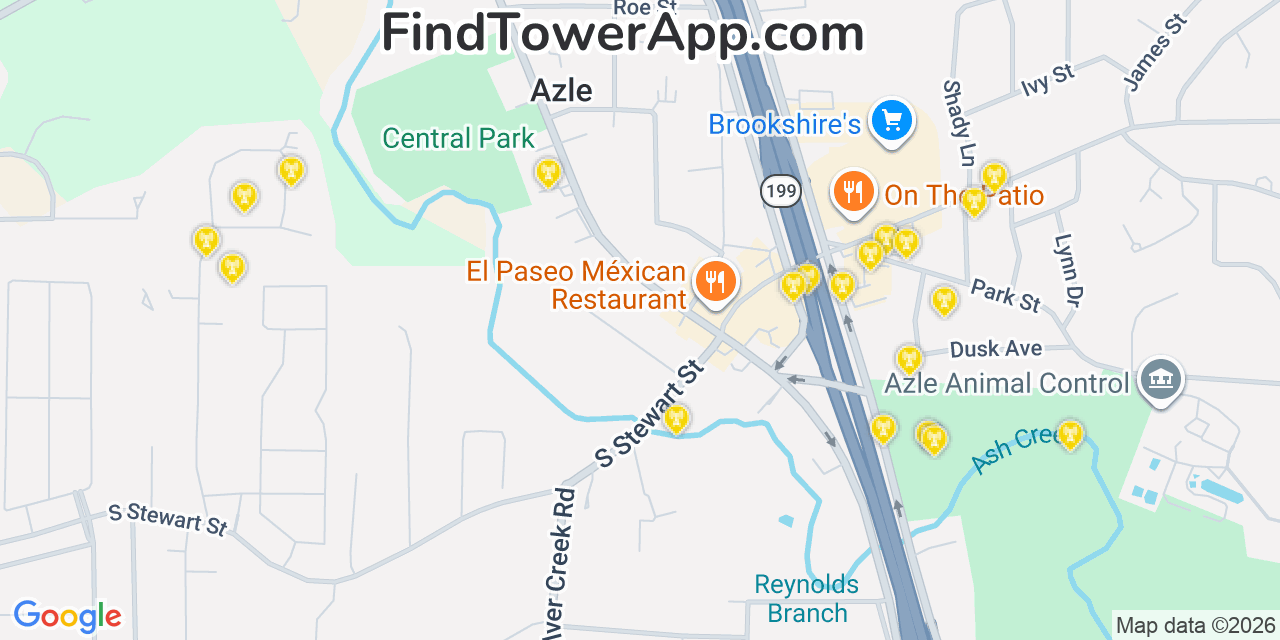 Map showing the 20 primary cell tower locations detected in Azle, Texas from AT&T, Verizon, and T-Mobile networks