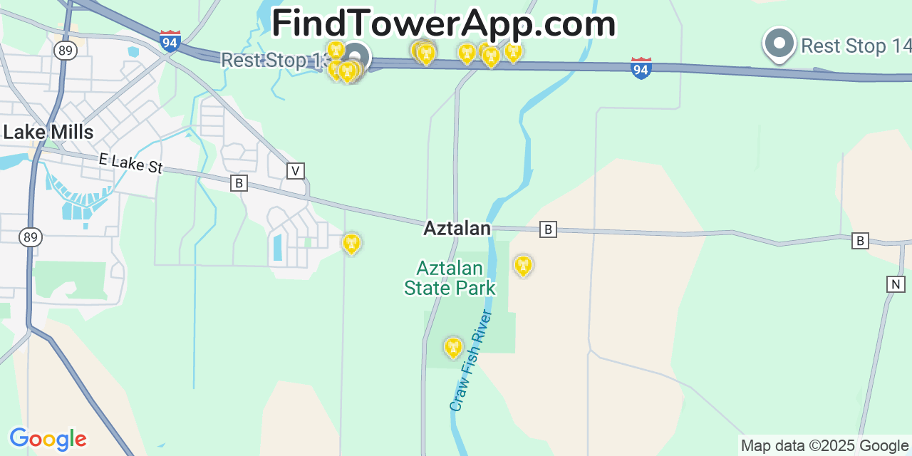Map showing the 20 primary cell tower locations detected in Aztalan, Wisconsin from AT&T, Verizon, and T-Mobile networks