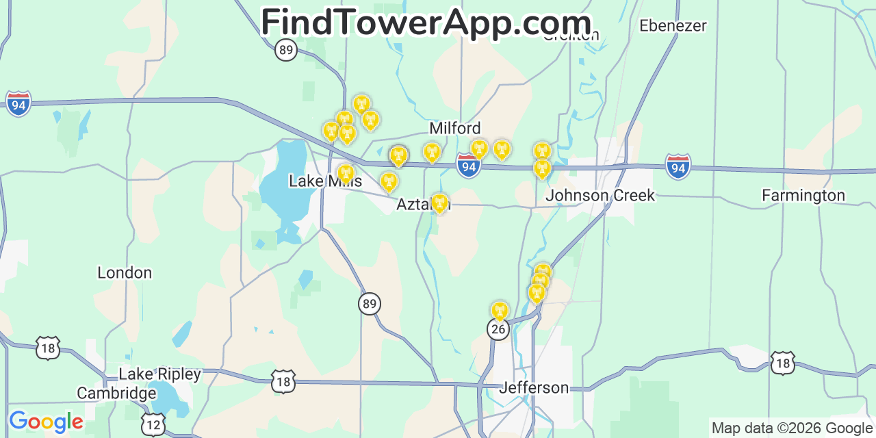 Map showing the 20 primary cell tower locations detected in Aztalan, Wisconsin from AT&T, Verizon, and T-Mobile networks