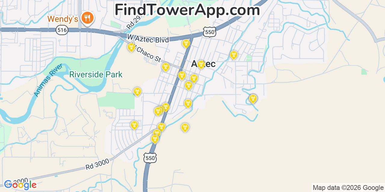 Map showing the 20 primary cell tower locations detected in Aztec, New Mexico from AT&T, Verizon, and T-Mobile networks