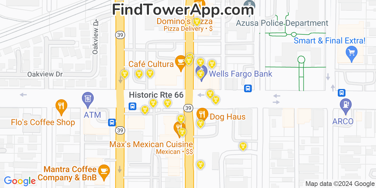 AT&T 4G/5G cell tower coverage map Azusa, California