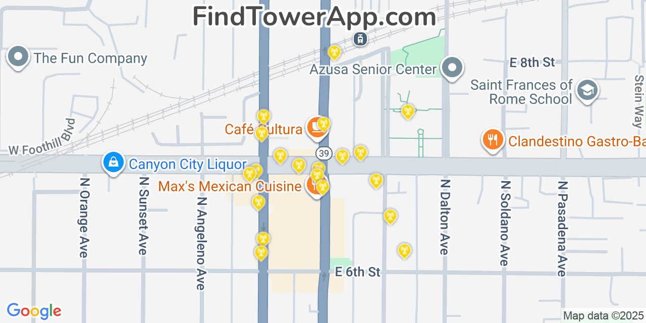 Map showing the 20 primary cell tower locations detected in Azusa, California from AT&T, Verizon, and T-Mobile networks