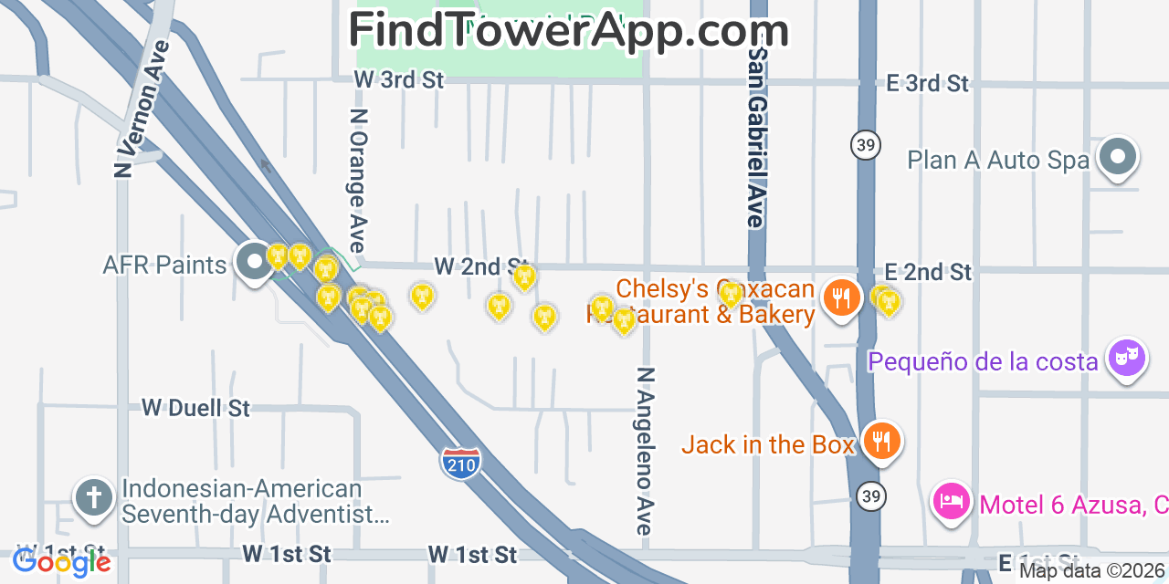 Map showing the 20 primary cell tower locations detected in Azusa, California from AT&T, Verizon, and T-Mobile networks