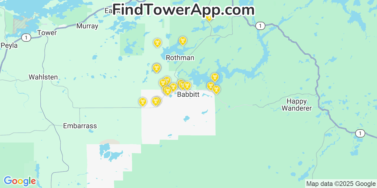 Map showing the 20 primary cell tower locations detected in Babbitt, Minnesota from AT&T, Verizon, and T-Mobile networks