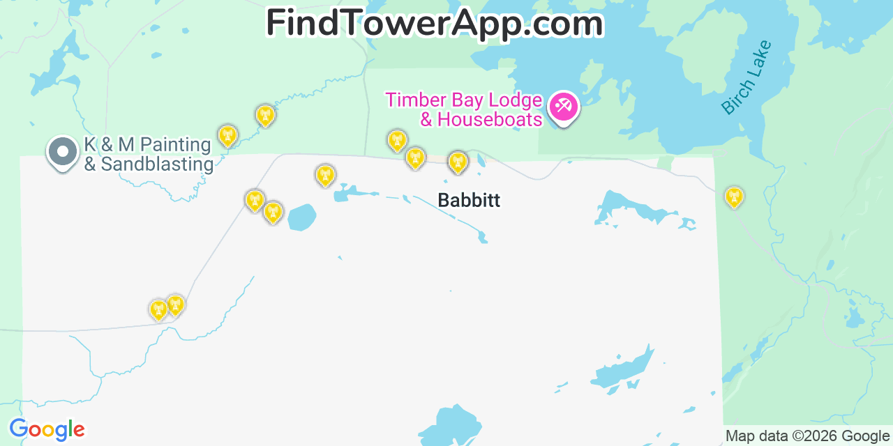 Map showing the 20 primary cell tower locations detected in Babbitt, Minnesota from AT&T, Verizon, and T-Mobile networks