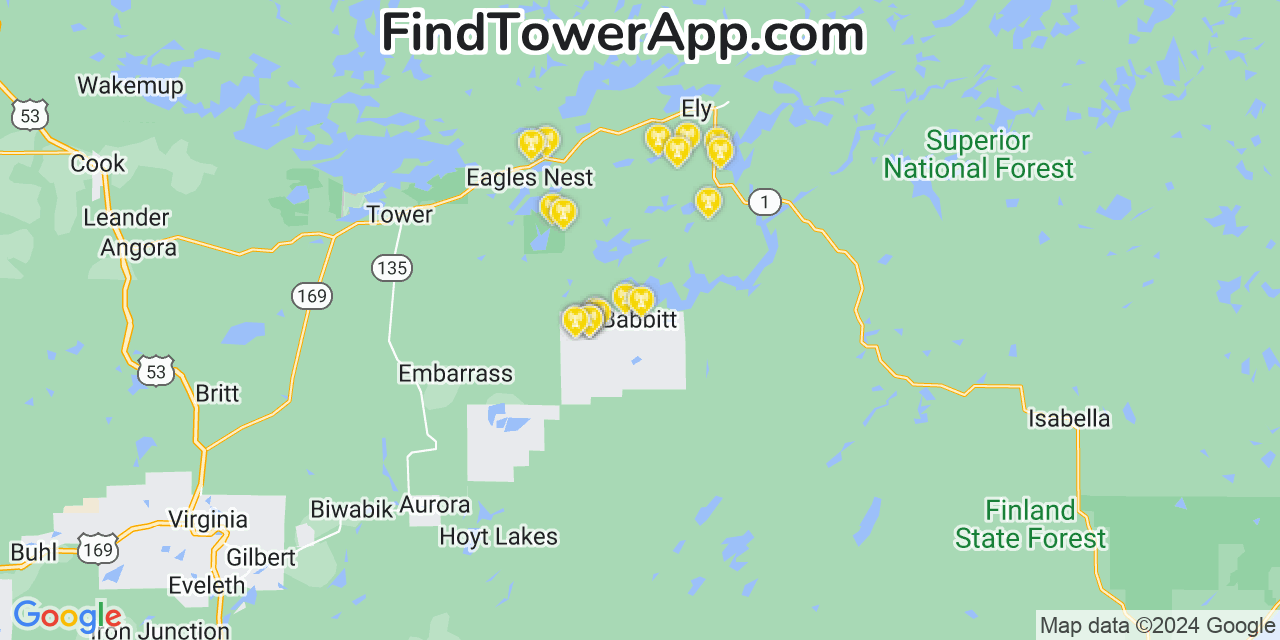 T-Mobile 4G/5G cell tower coverage map Babbitt, Minnesota