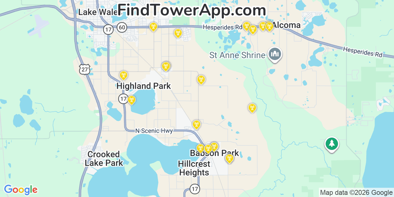 Map showing the 20 primary cell tower locations detected in Babson Park, Florida from AT&T, Verizon, and T-Mobile networks