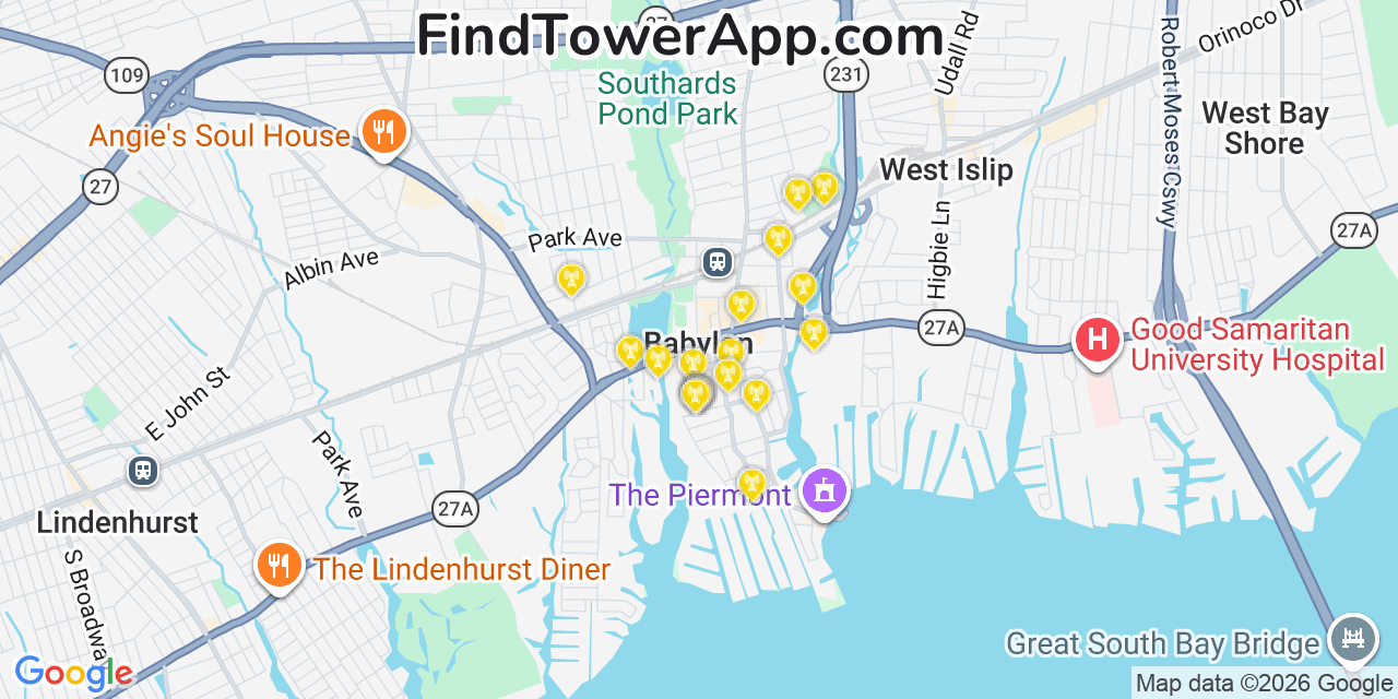 Map showing the 20 primary cell tower locations detected in Babylon, New York from AT&T, Verizon, and T-Mobile networks