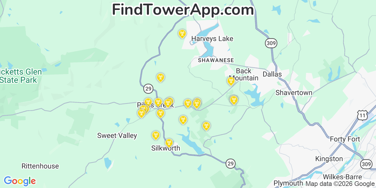 Map showing the 20 primary cell tower locations detected in Back Mountain, Pennsylvania from AT&T, Verizon, and T-Mobile networks