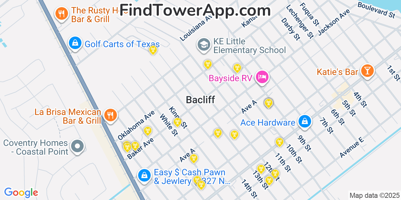 Map showing the 20 primary cell tower locations detected in Bacliff, Texas from AT&T, Verizon, and T-Mobile networks
