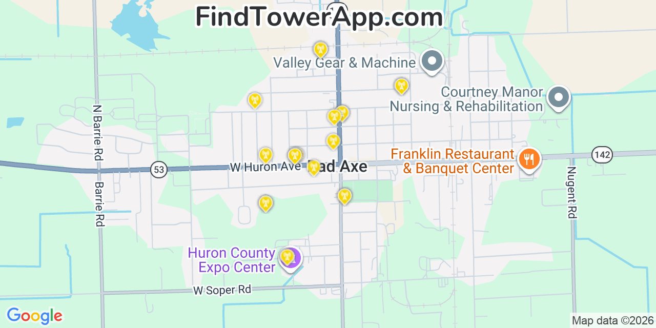 Map showing the 20 primary cell tower locations detected in Bad Axe, Michigan from AT&T, Verizon, and T-Mobile networks