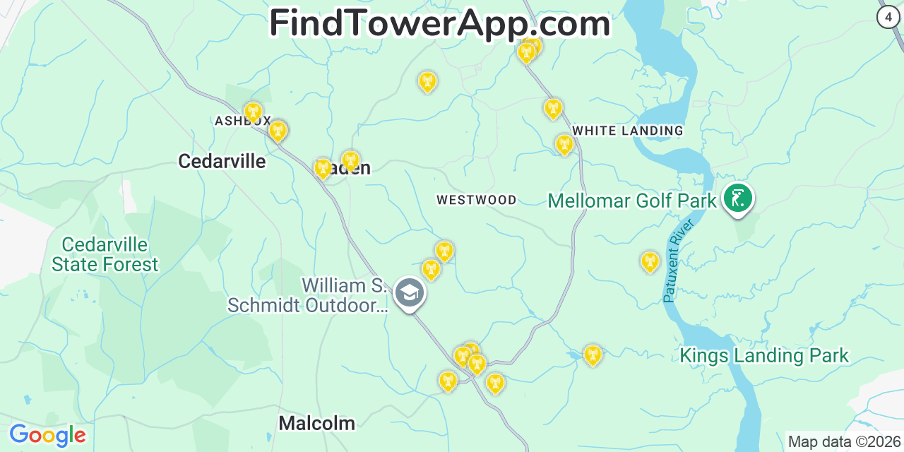 Map showing the 20 primary cell tower locations detected in Baden, Maryland from AT&T, Verizon, and T-Mobile networks