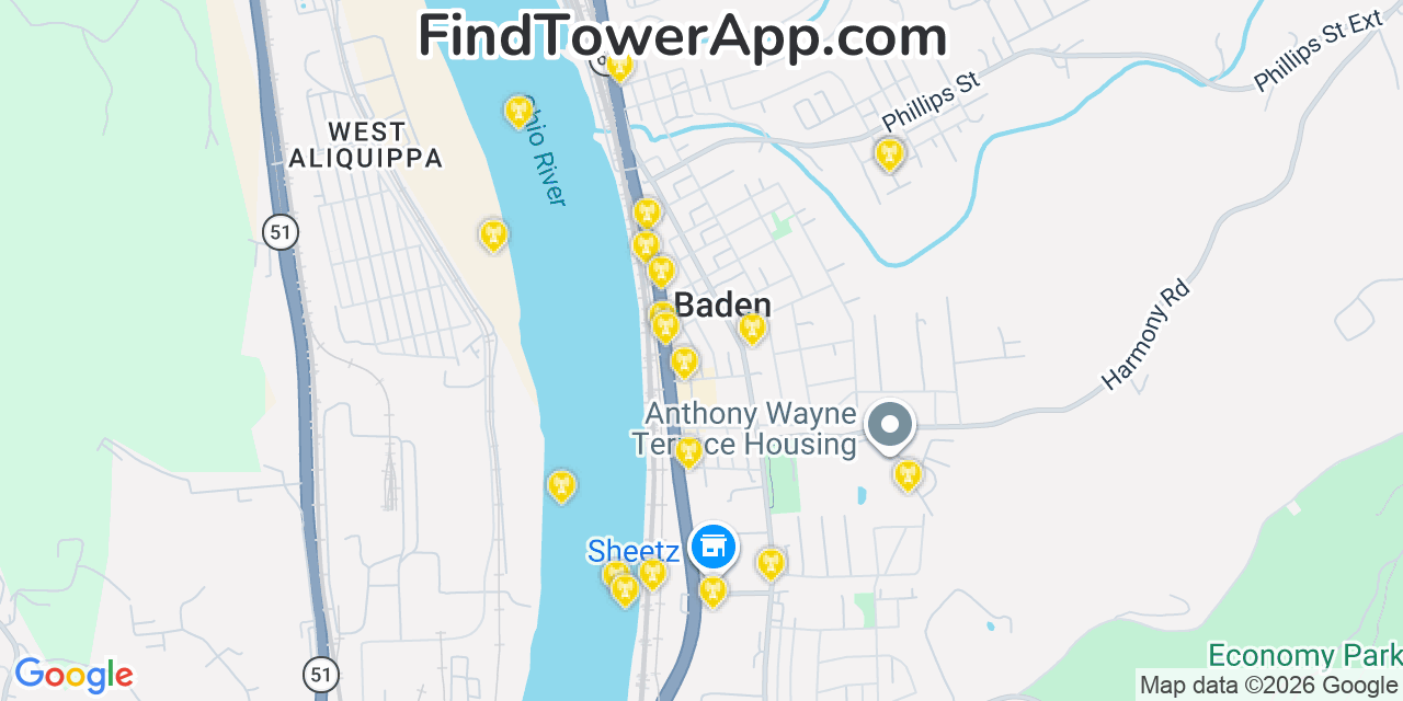 Map showing the 20 primary cell tower locations detected in Baden, Pennsylvania from AT&T, Verizon, and T-Mobile networks