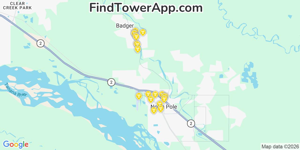 Map showing the 20 primary cell tower locations detected in Badger, Alaska from AT&T, Verizon, and T-Mobile networks