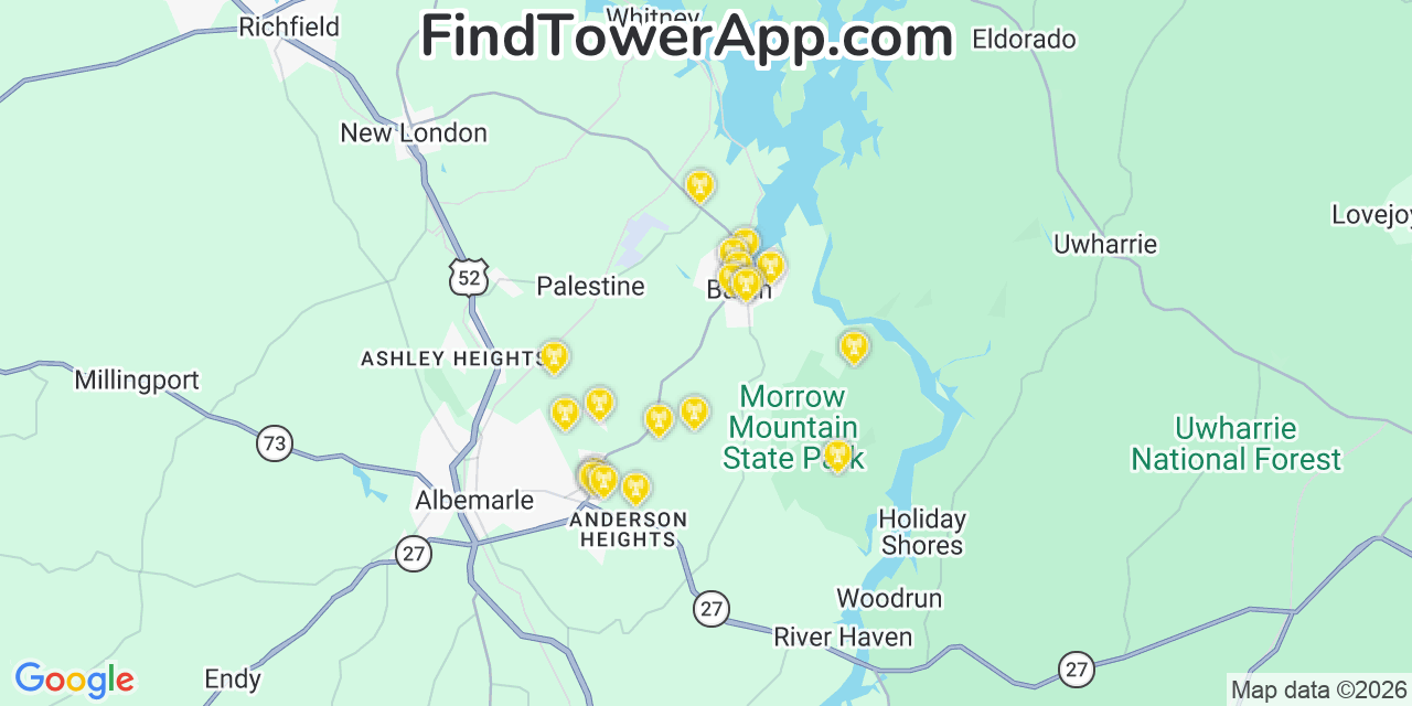 Map showing the 20 primary cell tower locations detected in Badin, North Carolina from AT&T, Verizon, and T-Mobile networks