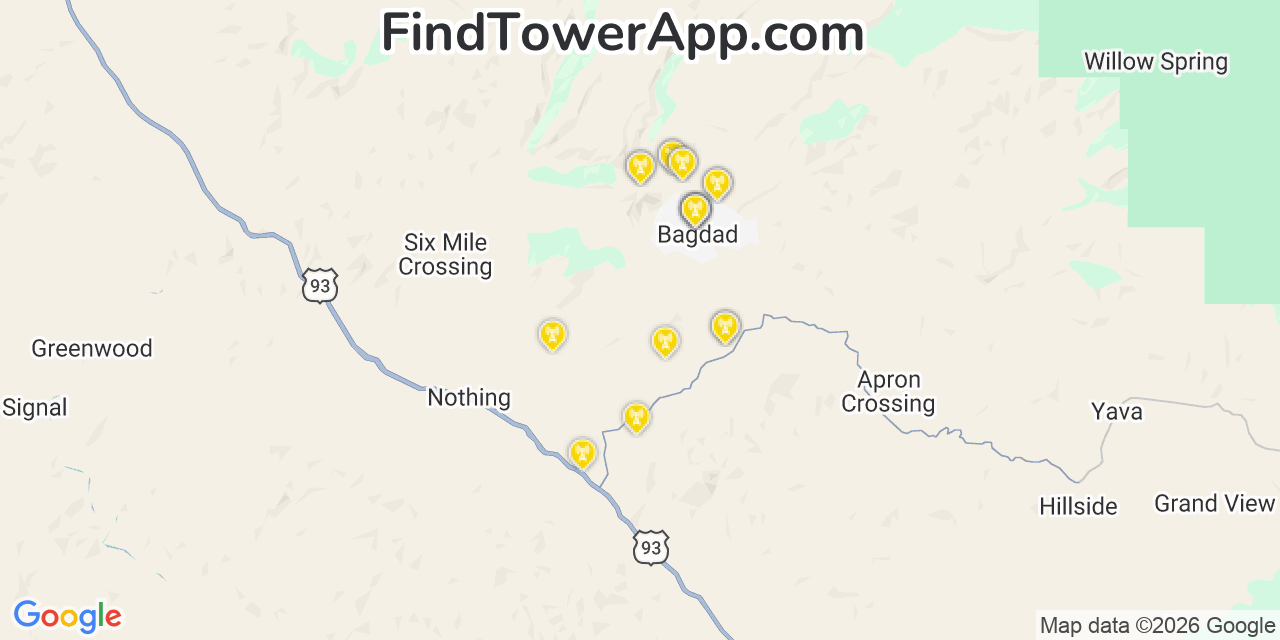 Map showing the 20 primary cell tower locations detected in Bagdad, Arizona from AT&T, Verizon, and T-Mobile networks