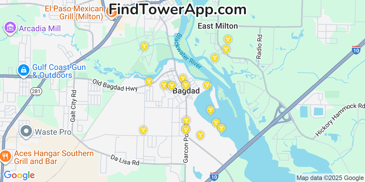 Map showing the 20 primary cell tower locations detected in Bagdad, Florida from AT&T, Verizon, and T-Mobile networks