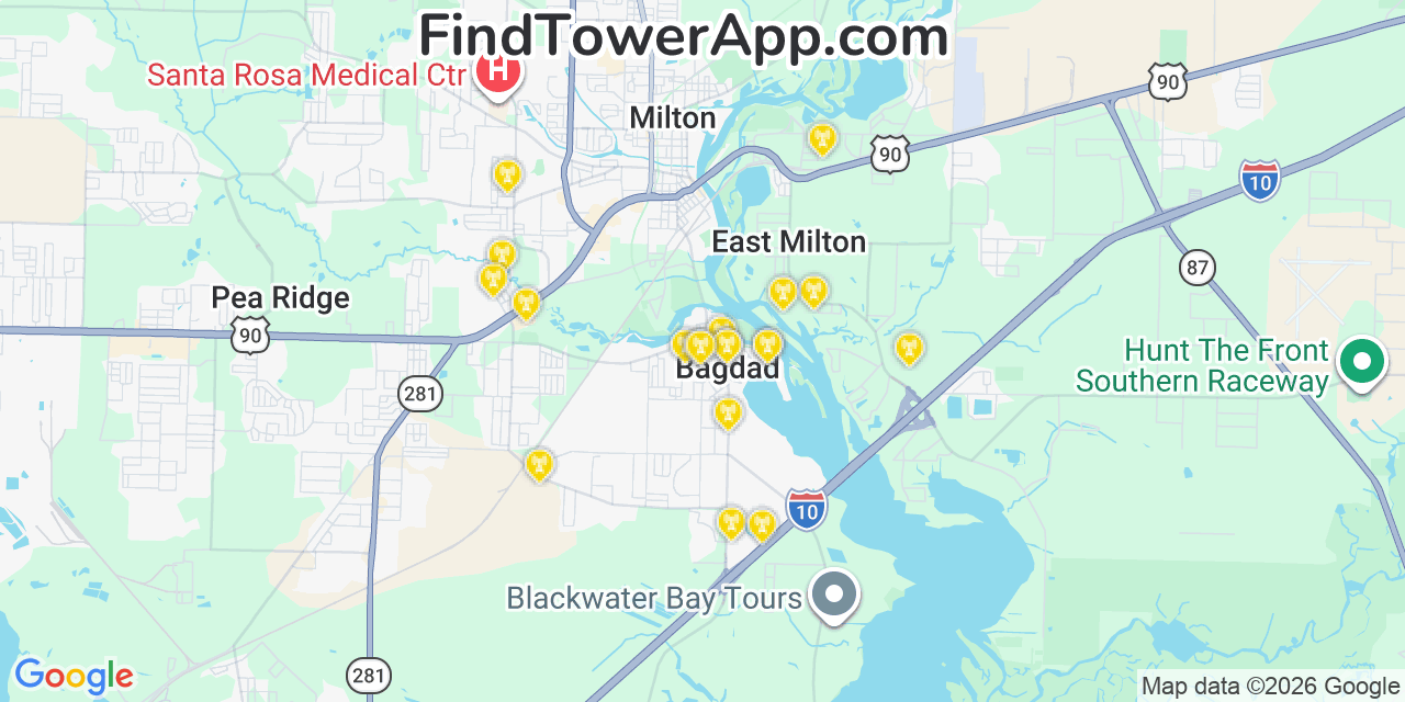 Map showing the 20 primary cell tower locations detected in Bagdad, Florida from AT&T, Verizon, and T-Mobile networks