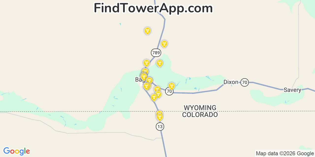 Map showing the 20 primary cell tower locations detected in Baggs, Wyoming from AT&T, Verizon, and T-Mobile networks