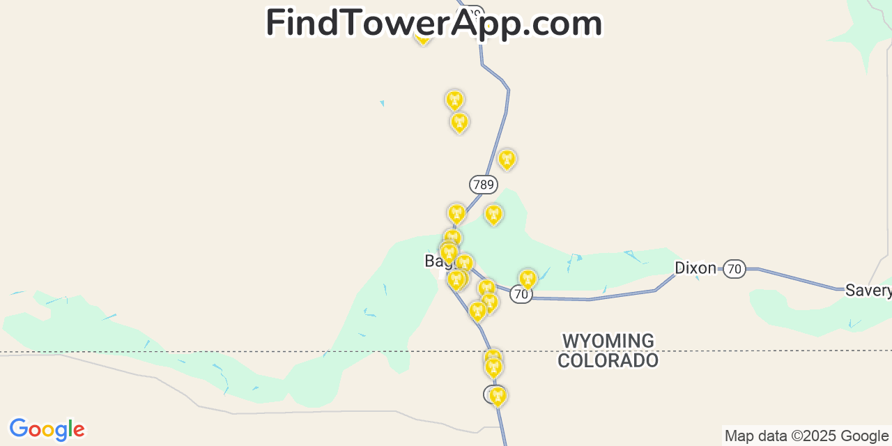 Map showing the 20 primary Verizon cell tower locations detected in Baggs, Wyoming with coverage radius and signal strength indicators