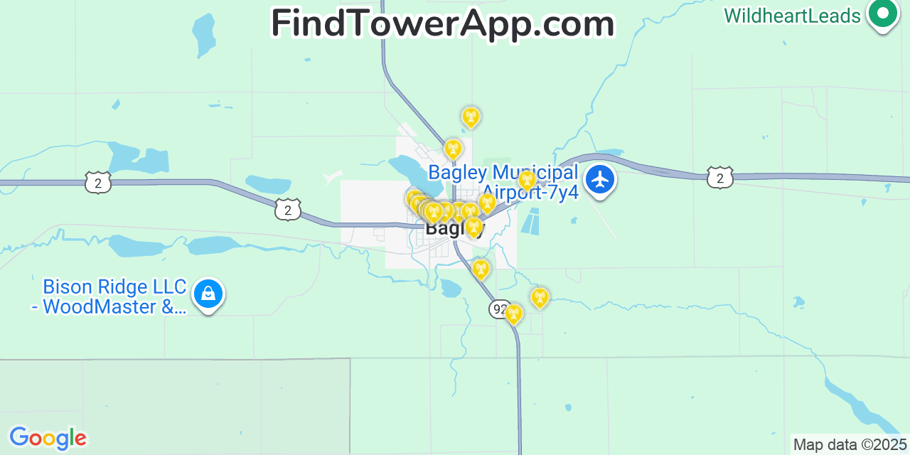 Map showing the 20 primary cell tower locations detected in Bagley, Minnesota from AT&T, Verizon, and T-Mobile networks