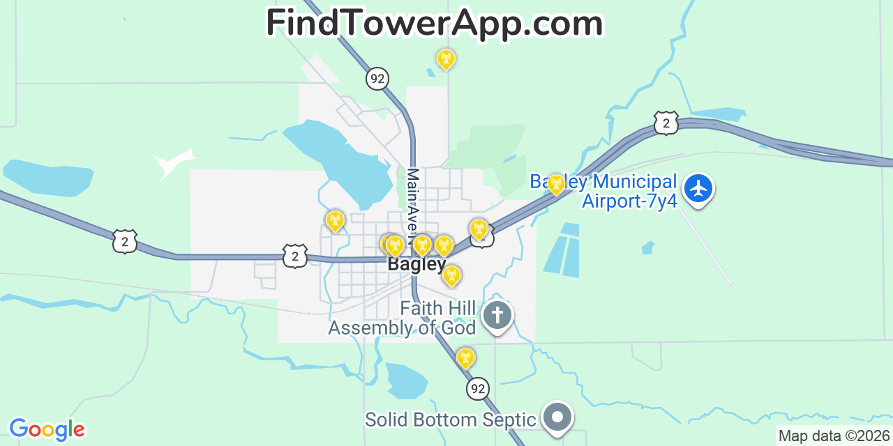 Map showing the 20 primary cell tower locations detected in Bagley, Minnesota from AT&T, Verizon, and T-Mobile networks