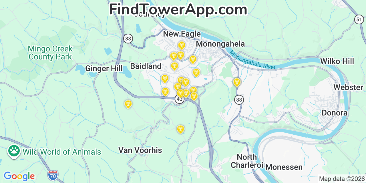 Map showing the 20 primary cell tower locations detected in Baidland, Pennsylvania from AT&T, Verizon, and T-Mobile networks