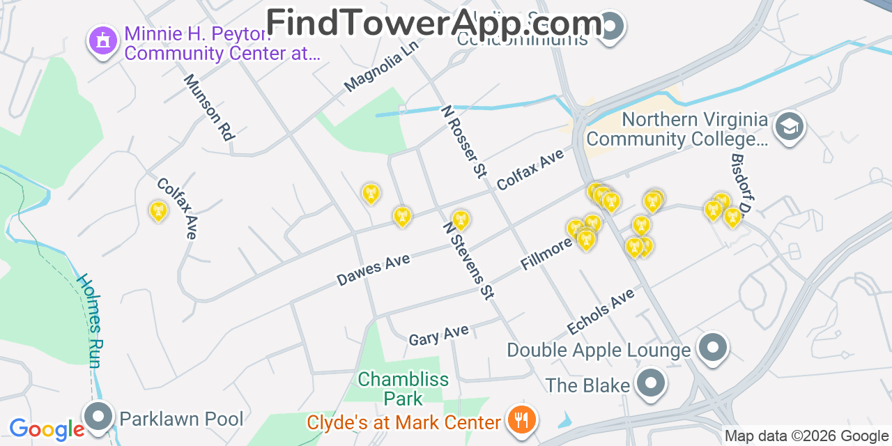 Map showing the 20 primary cell tower locations detected in Baileys Crossroads, Virginia from AT&T, Verizon, and T-Mobile networks