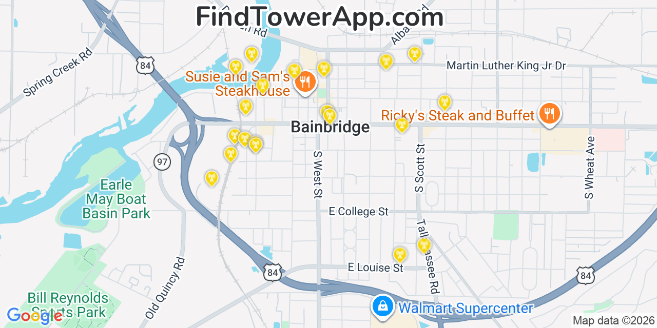 Map showing the 20 primary cell tower locations detected in Bainbridge, Georgia from AT&T, Verizon, and T-Mobile networks