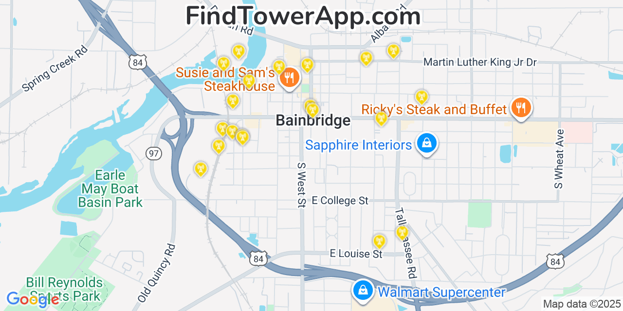 Map showing the 20 primary Mobitel cell tower locations detected in Bainbridge, Georgia with coverage radius and signal strength indicators
