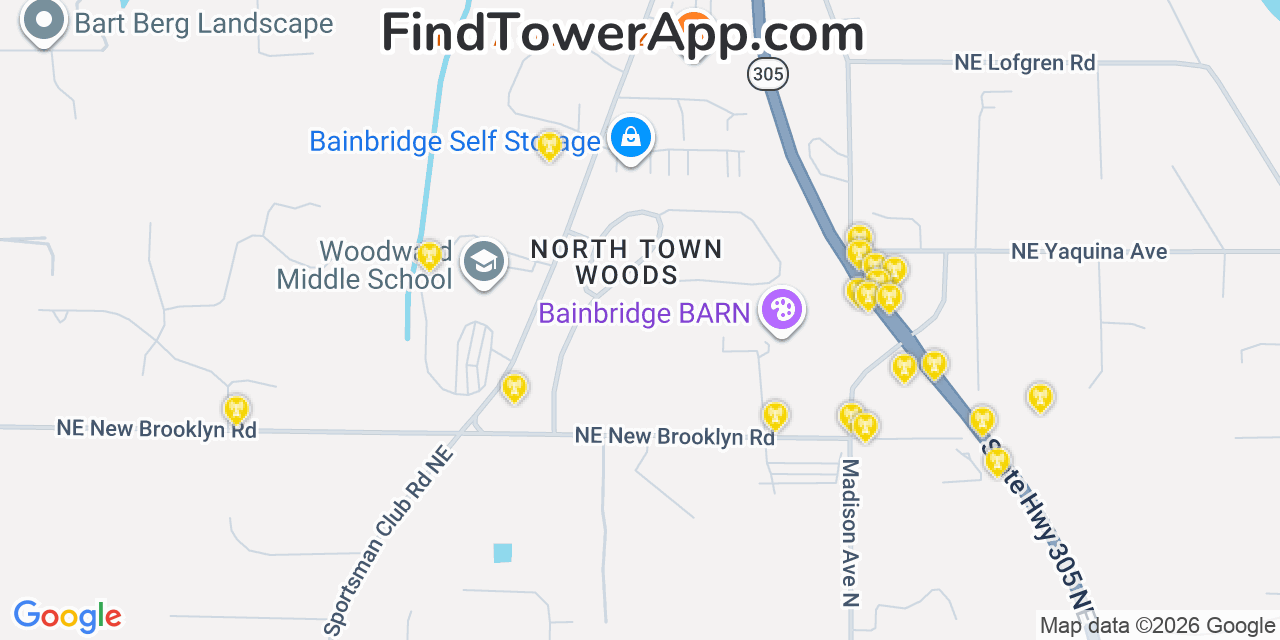 Map showing the 20 primary cell tower locations detected in Bainbridge Island, Washington from AT&T, Verizon, and T-Mobile networks