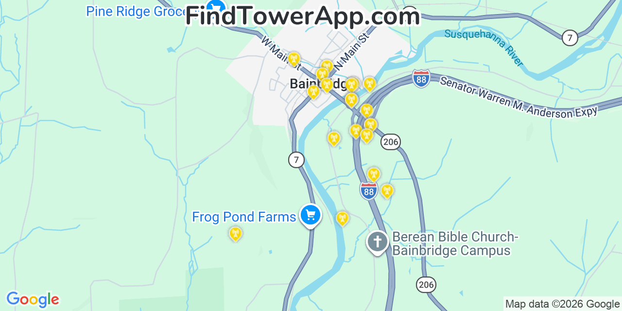 Map showing the 20 primary cell tower locations detected in Bainbridge, New York from AT&T, Verizon, and T-Mobile networks