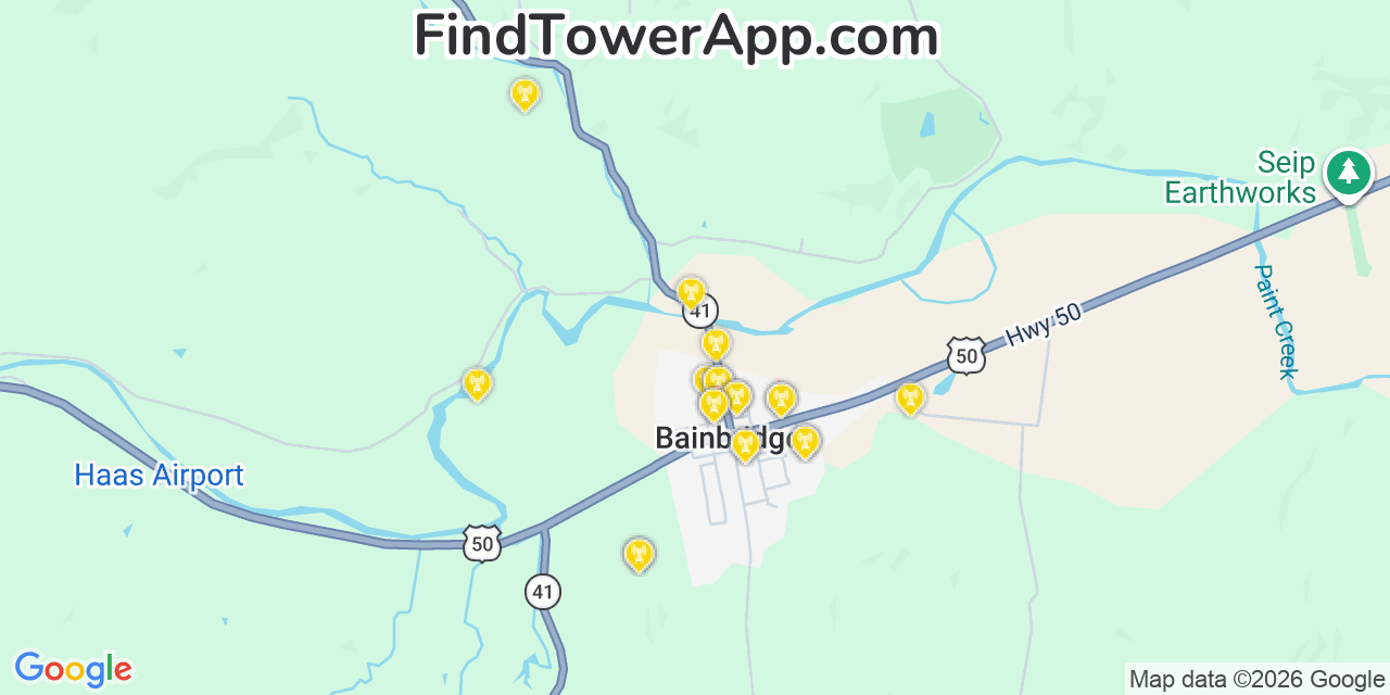 Map showing the 20 primary cell tower locations detected in Bainbridge, Ohio from AT&T, Verizon, and T-Mobile networks