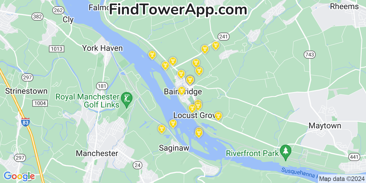 AT&T 4G/5G cell tower coverage map Bainbridge, Pennsylvania