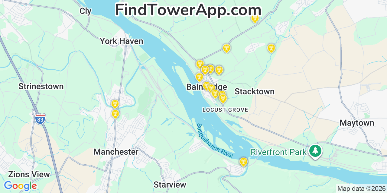 Map showing the 20 primary cell tower locations detected in Bainbridge, Pennsylvania from AT&T, Verizon, and T-Mobile networks