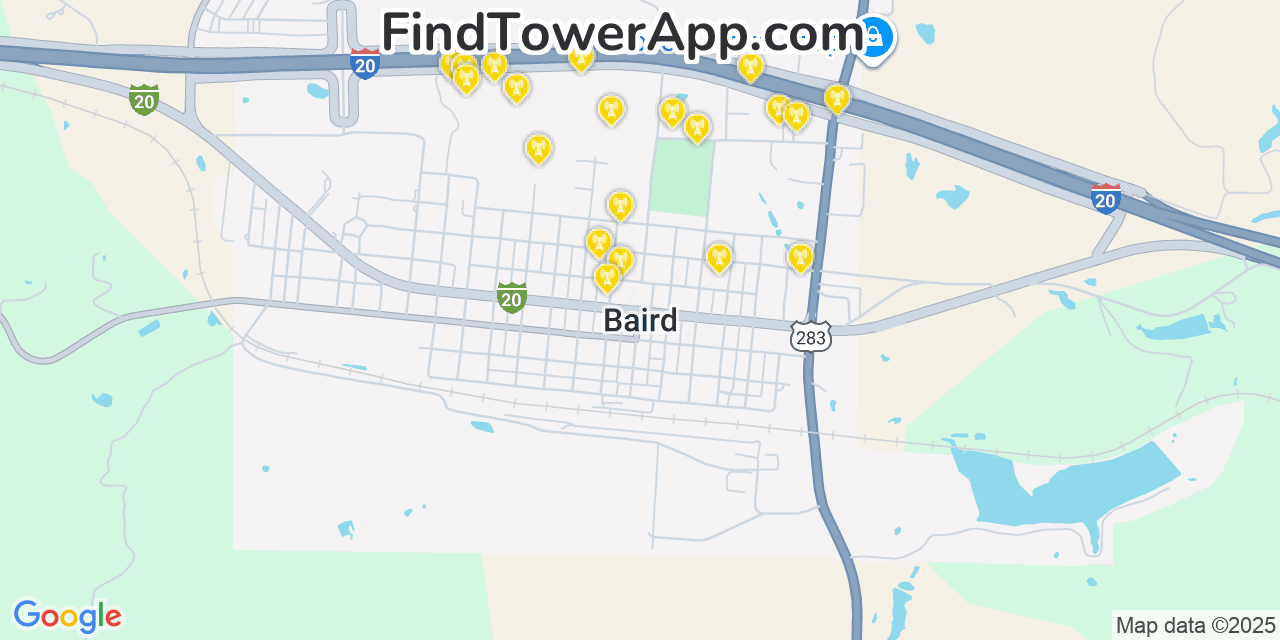 Map showing the 20 primary cell tower locations detected in Baird, Texas from AT&T, Verizon, and T-Mobile networks