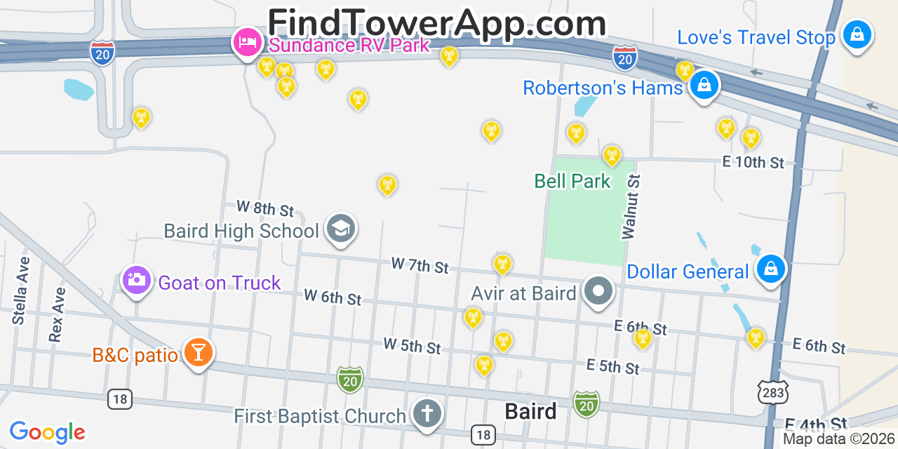 Map showing the 20 primary cell tower locations detected in Baird, Texas from AT&T, Verizon, and T-Mobile networks