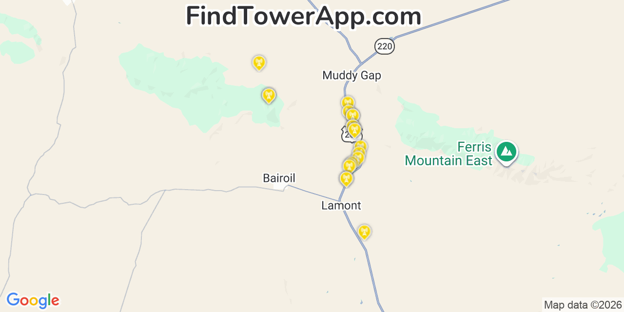 Map showing the 20 primary cell tower locations detected in Bairoil, Wyoming from AT&T, Verizon, and T-Mobile networks