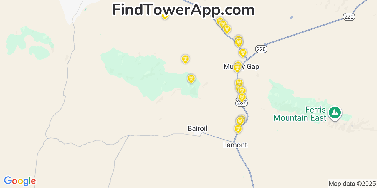 Map showing the 20 primary Verizon cell tower locations detected in Bairoil, Wyoming with coverage radius and signal strength indicators