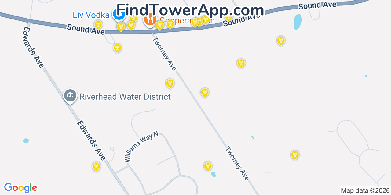 Map showing the 20 primary cell tower locations detected in Baiting Hollow, New York from AT&T, Verizon, and T-Mobile networks