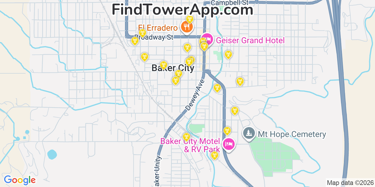 Map showing the 20 primary cell tower locations detected in Baker City, Oregon from AT&T, Verizon, and T-Mobile networks