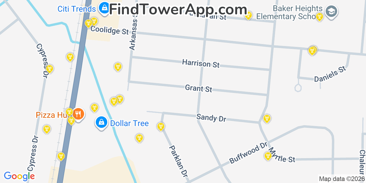 Map showing the 20 primary cell tower locations detected in Baker, Louisiana from AT&T, Verizon, and T-Mobile networks