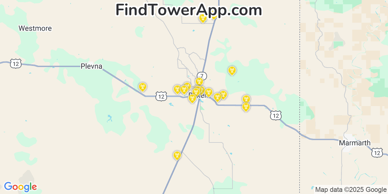 Map showing the 20 primary cell tower locations detected in Baker, Montana from AT&T, Verizon, and T-Mobile networks