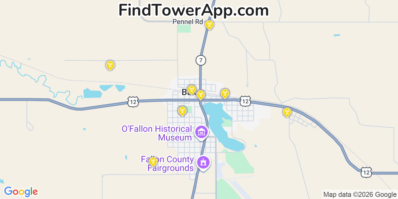 Map showing the 20 primary cell tower locations detected in Baker, Montana from AT&T, Verizon, and T-Mobile networks