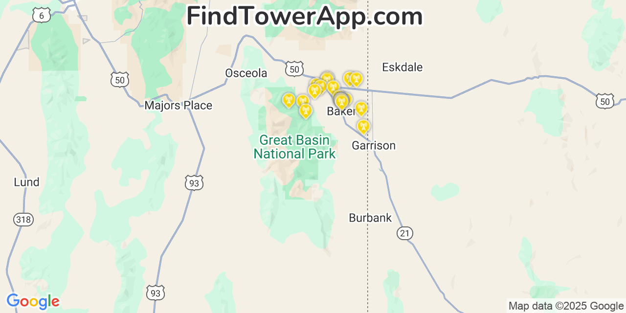 Map showing the 20 primary Verizon cell tower locations detected in Baker, Nevada with coverage radius and signal strength indicators