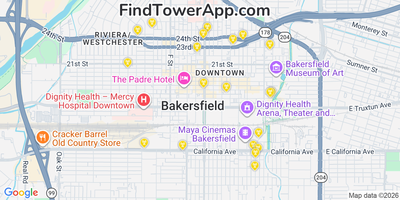 Map showing the 20 primary cell tower locations detected in Bakersfield, California from AT&T, Verizon, and T-Mobile networks