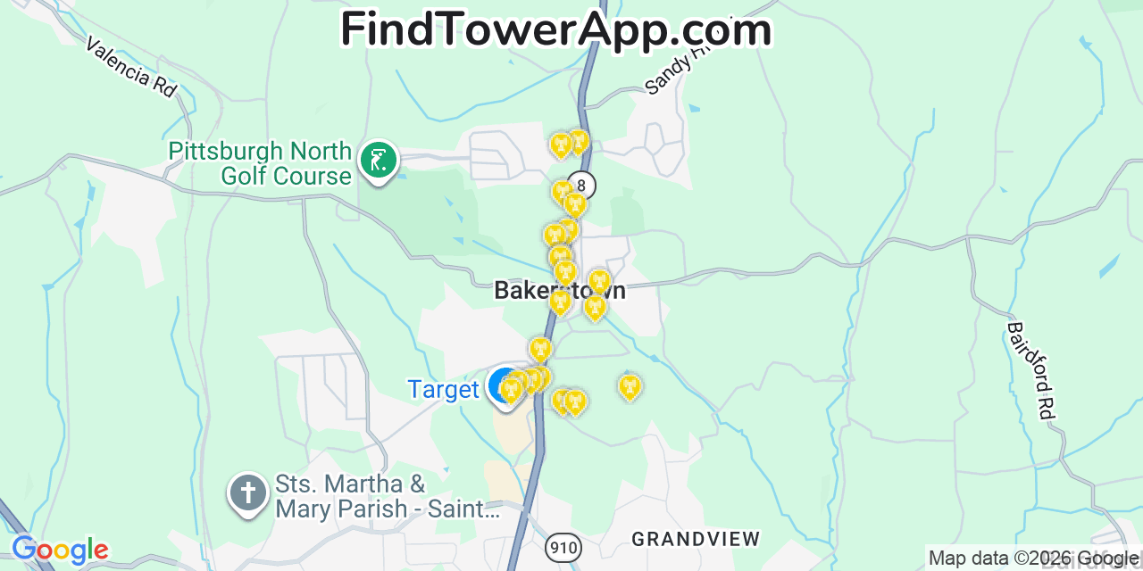Map showing the 20 primary cell tower locations detected in Bakerstown, Pennsylvania from AT&T, Verizon, and T-Mobile networks