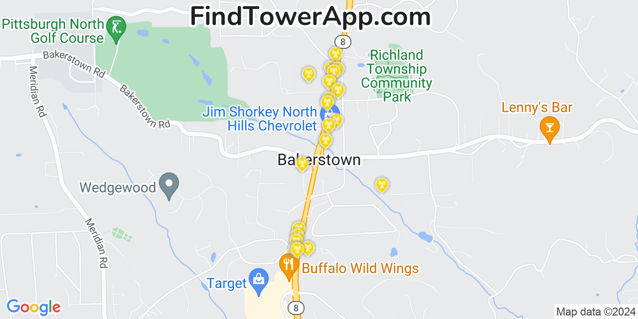 Verizon 4G/5G cell tower coverage map Bakerstown, Pennsylvania